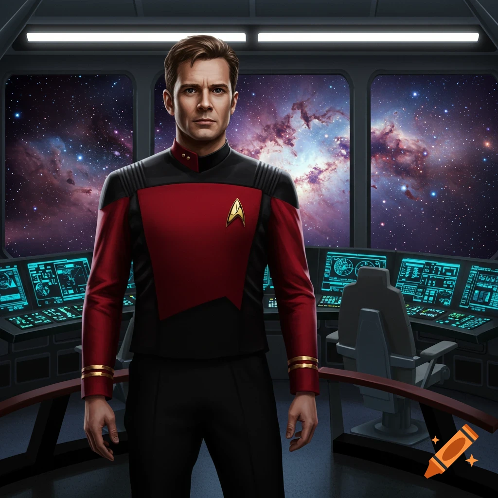 A man in a red and black Star Trek-like uniform stands on a spaceship bridge with a view of a nebula.