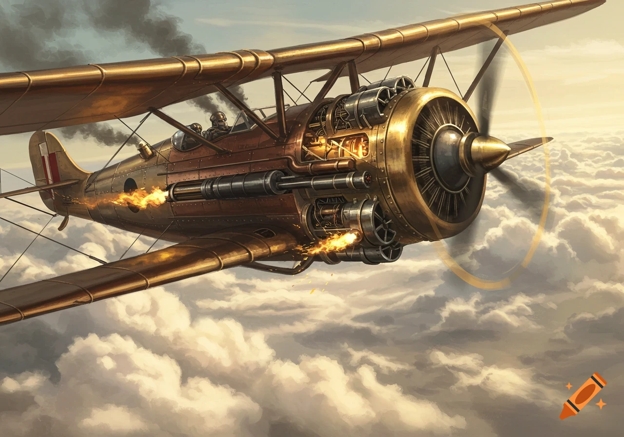A steampunk biplane, with an intricate exposed engine emitting fire and smoke, flies above golden-lit clouds.