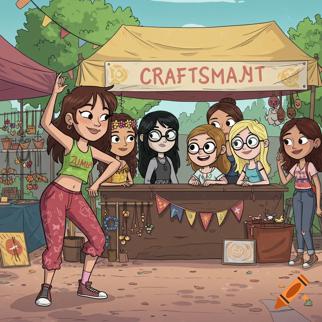 A cartoon illustration of a girl in a green top and red pants dancing Zumba at a lively outdoor craft market, with several other girls watching from behind a stall.