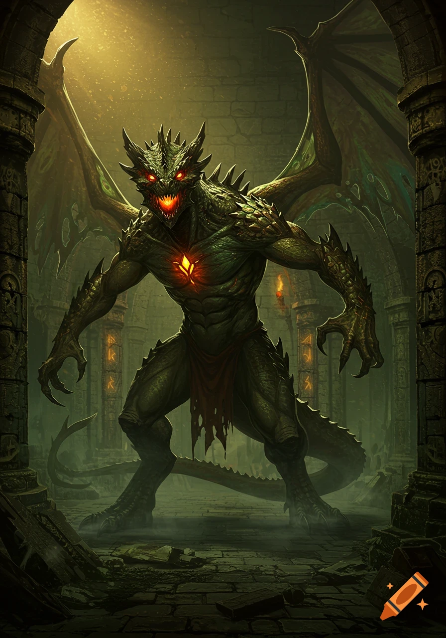 A large, green, spiky dragon-like monster with glowing red eyes and an orange chest symbol stands in a dark, ancient stone dungeon.