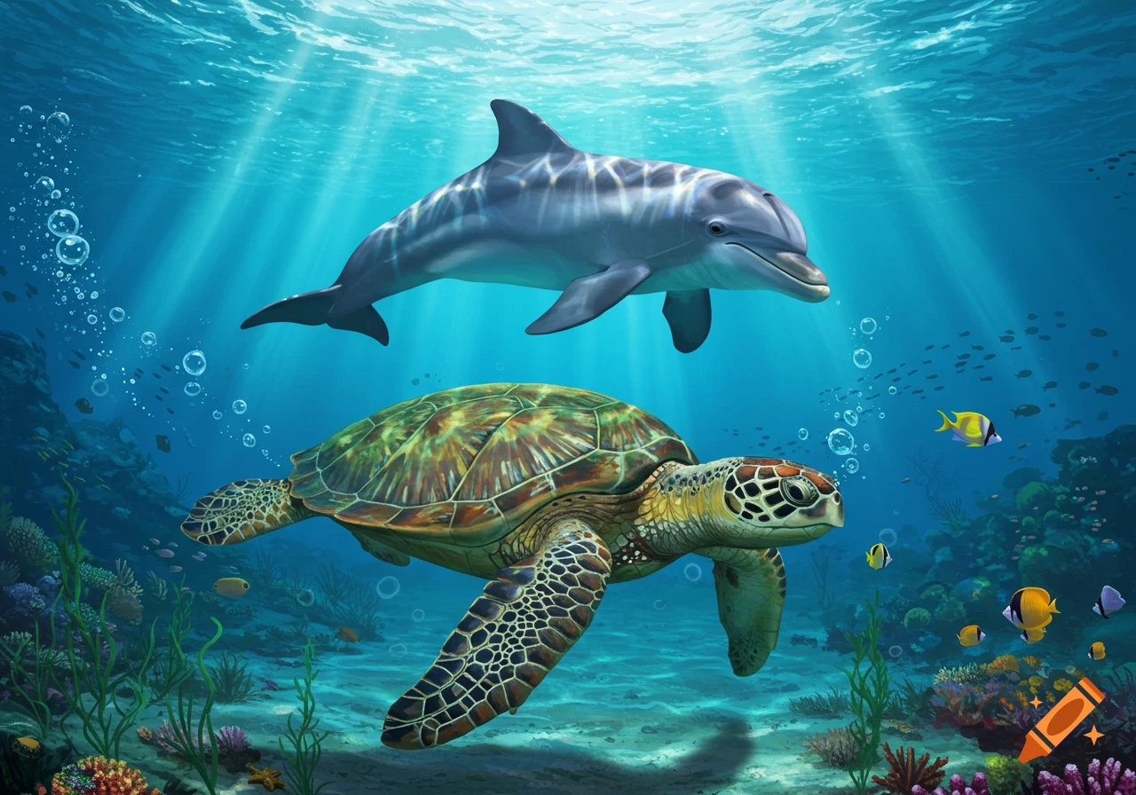 A vibrant underwater scene with a dolphin swimming above a large sea turtle, surrounded by coral and small fish.