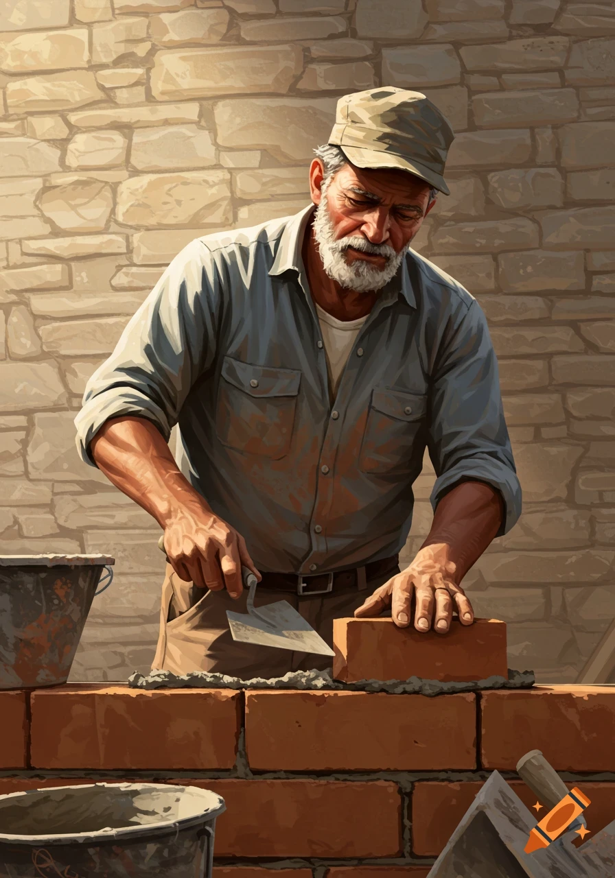 Illustrated scene of a bearded bricklayer in a cap, laying bricks to build a wall with a trowel.