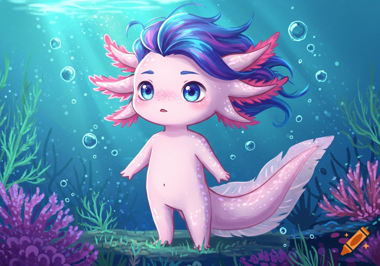 Cute anime-style pink axolotl humanoid with blue and purple hair in an underwater scene with coral.