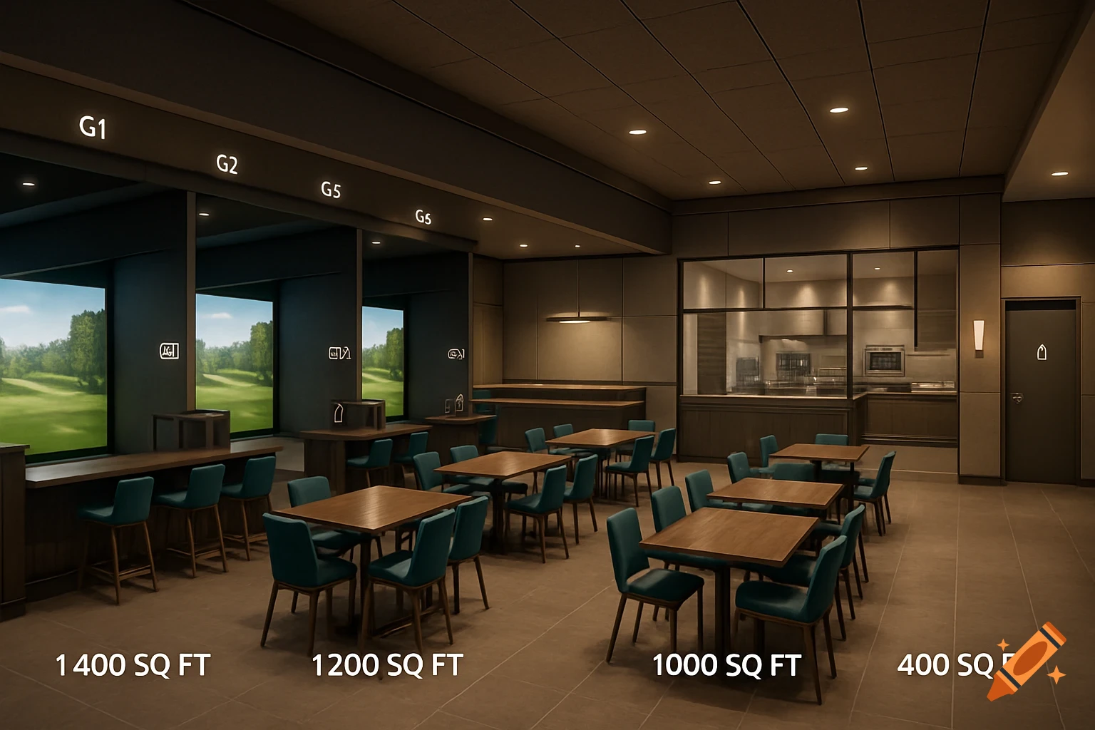 An indoor golf simulator and dining area with wooden tables, teal chairs, and screens displaying golf courses, with area labels.