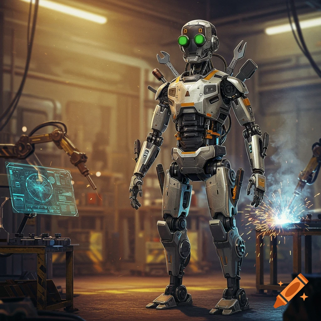 A detailed photorealistic image of a metallic "Toolbot" robot with green glowing eyes and wrenches on its back, standing in a busy industrial factory with welding sparks and a holographic screen showing schematics.