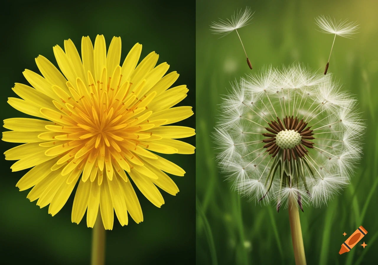 A split image showing a vibrant yellow dandelion in bloom on the left, and a white fluffy dandelion seed head with seeds blowing away on the right.