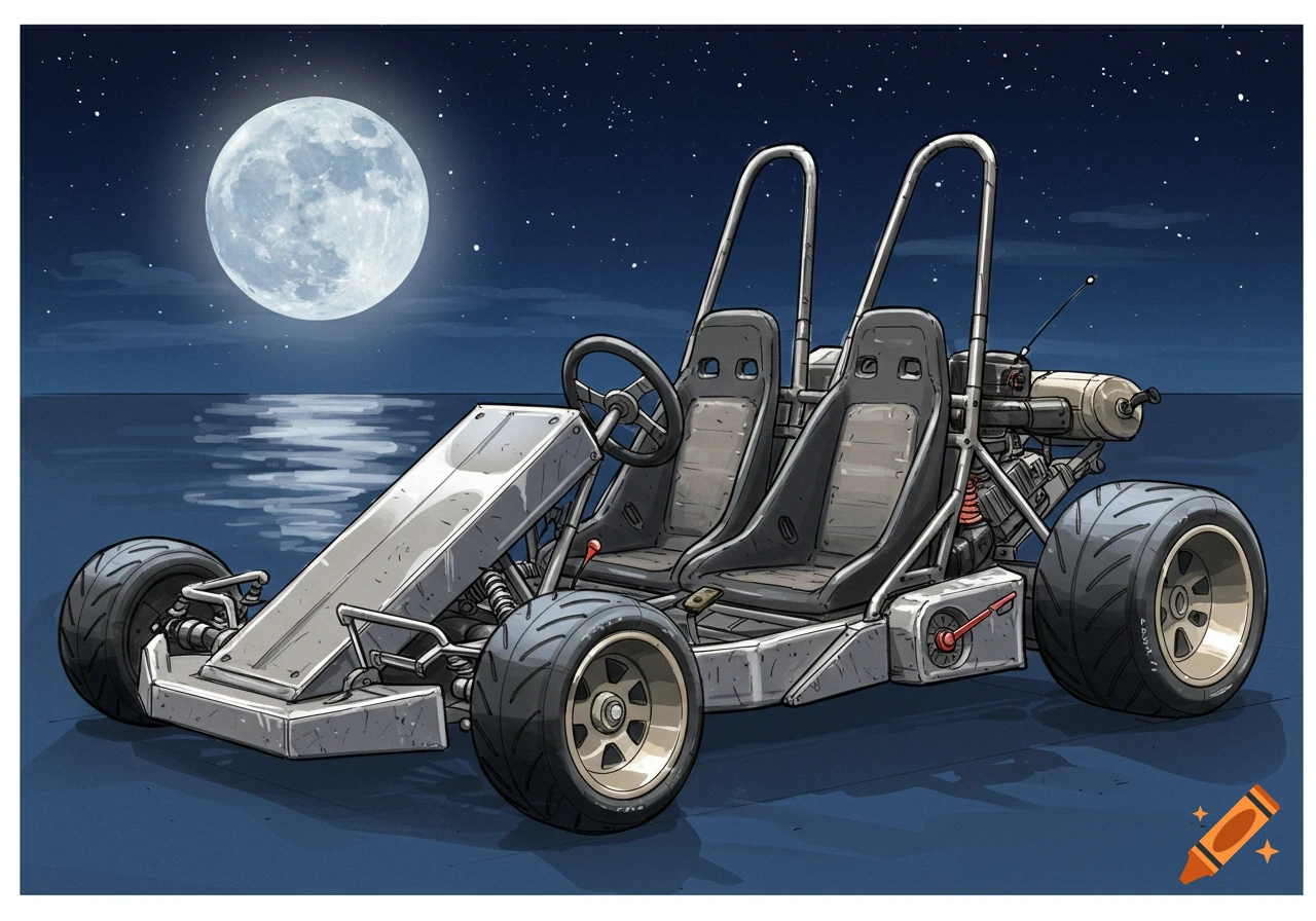 A detailed illustration of a custom two-seater buggy with large tires, set at night under a full moon and starry sky reflecting on water.