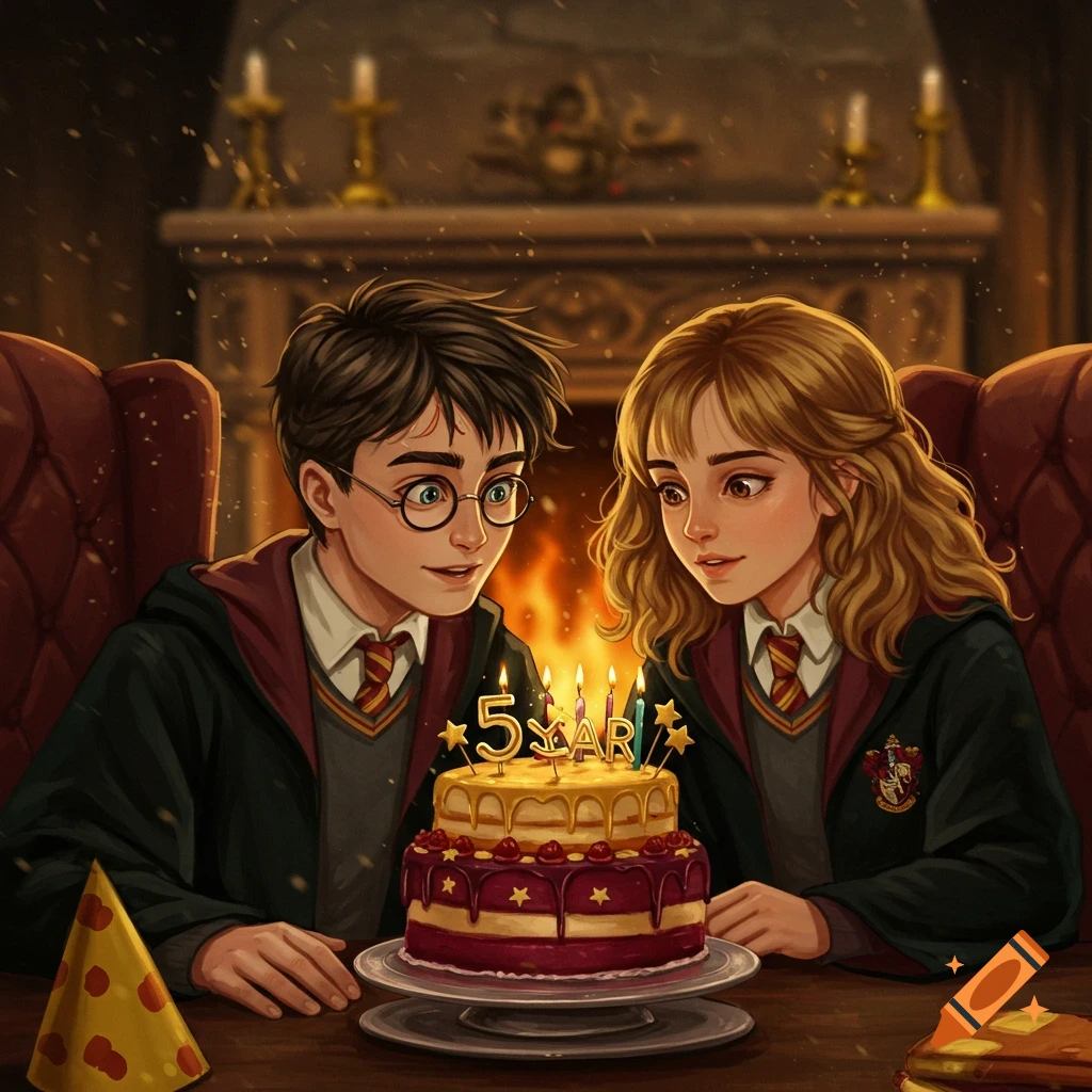 Harry Potter and Hermione Granger look at a birthday cake with '5 YEAR' candles in a cozy, magical room.