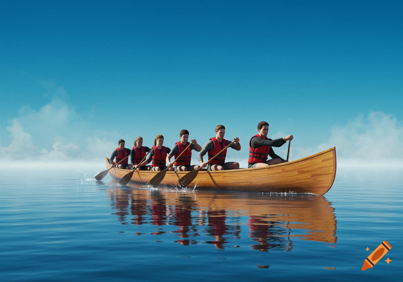 Six people in a canoe paddling on calm blue water under a clear sky, photorealistic.