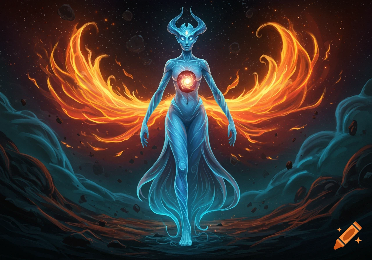 Ethereal blue glowing cosmic entity with horns and a fiery core, standing against a swirling orange galaxy with asteroids.