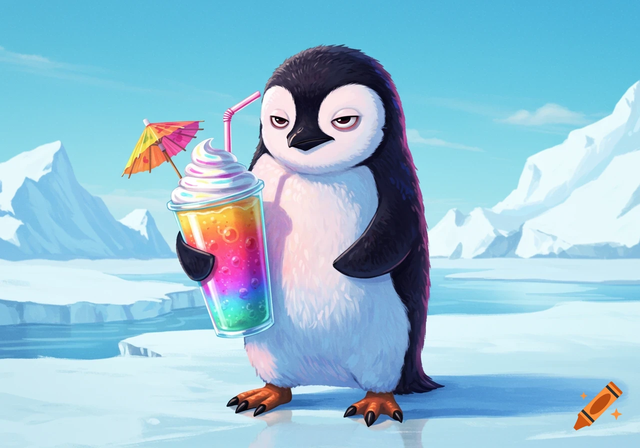 A cartoon illustration of a cranky penguin holding a rainbow-colored smoothie with a straw and umbrella in an icy arctic landscape.