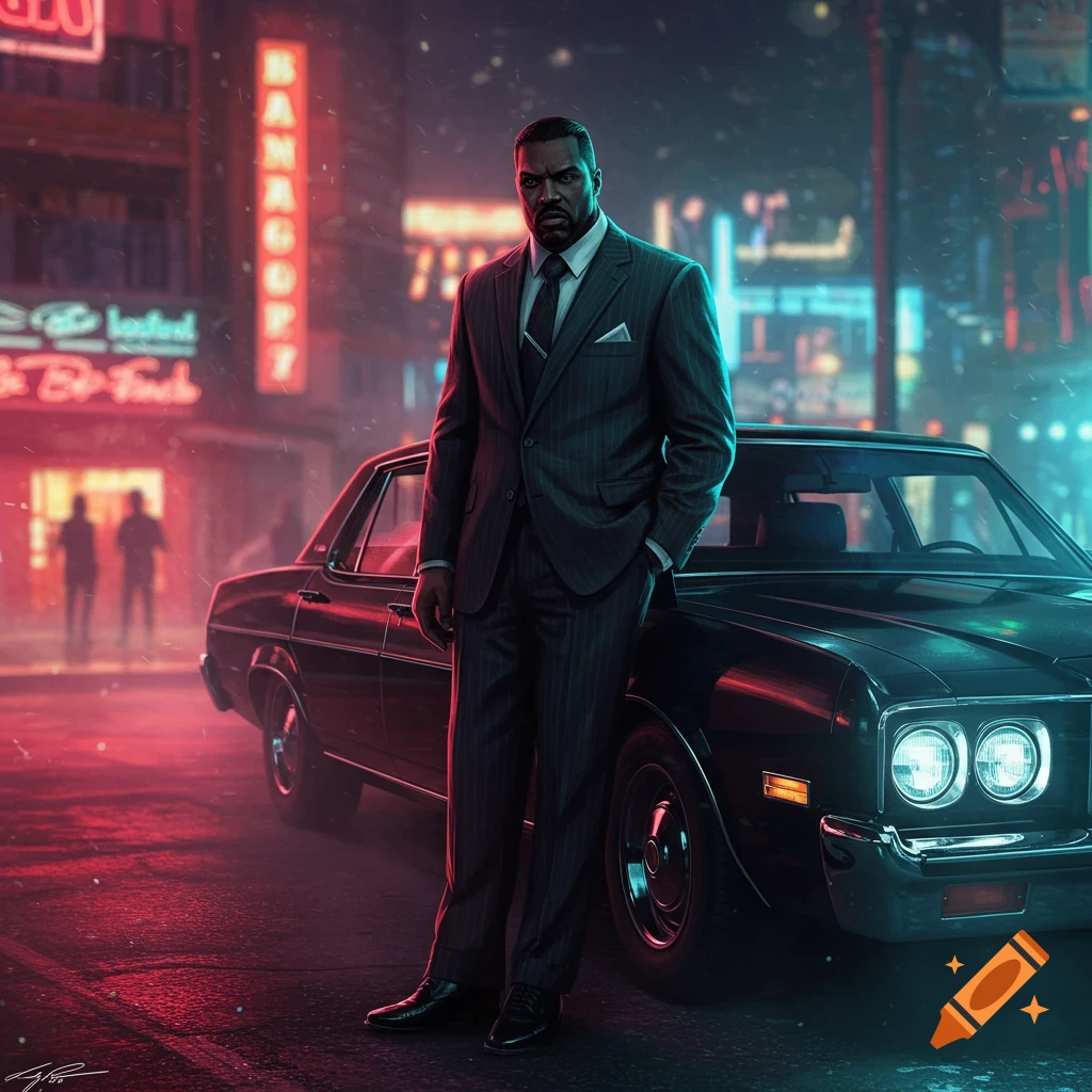 A stern man in a pinstripe suit leans against a classic car on a neon-lit city street at night, in a noir style.
