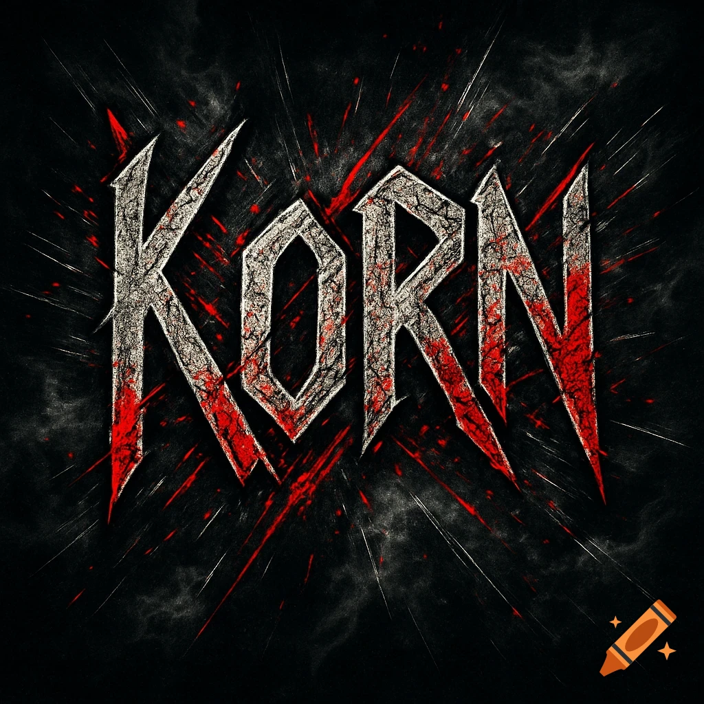 Stylized KORN logo in white and red, resembling a thrash metal band design, with blood splatters on a dark, smoky background.