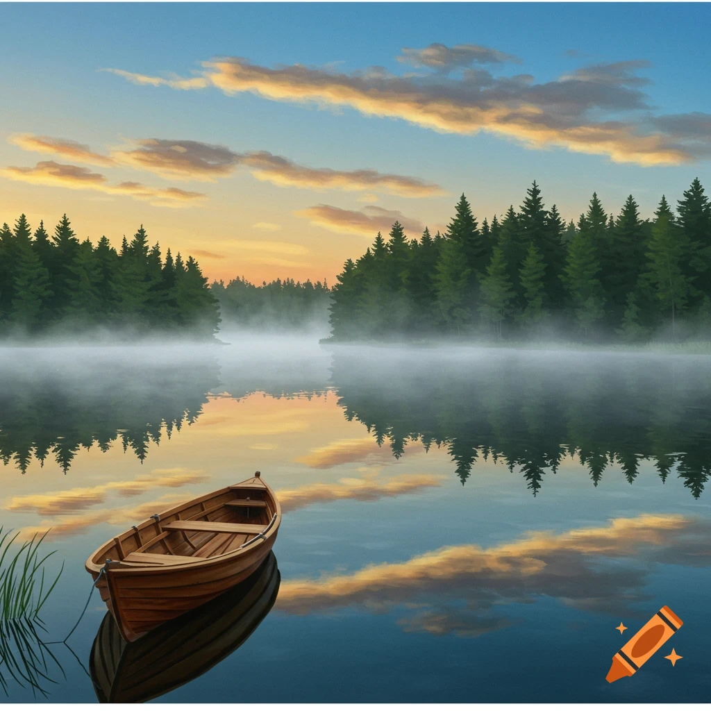 A serene wooden boat floats on a misty lake at sunrise, surrounded by a dense forest, with colorful clouds reflected in the water.