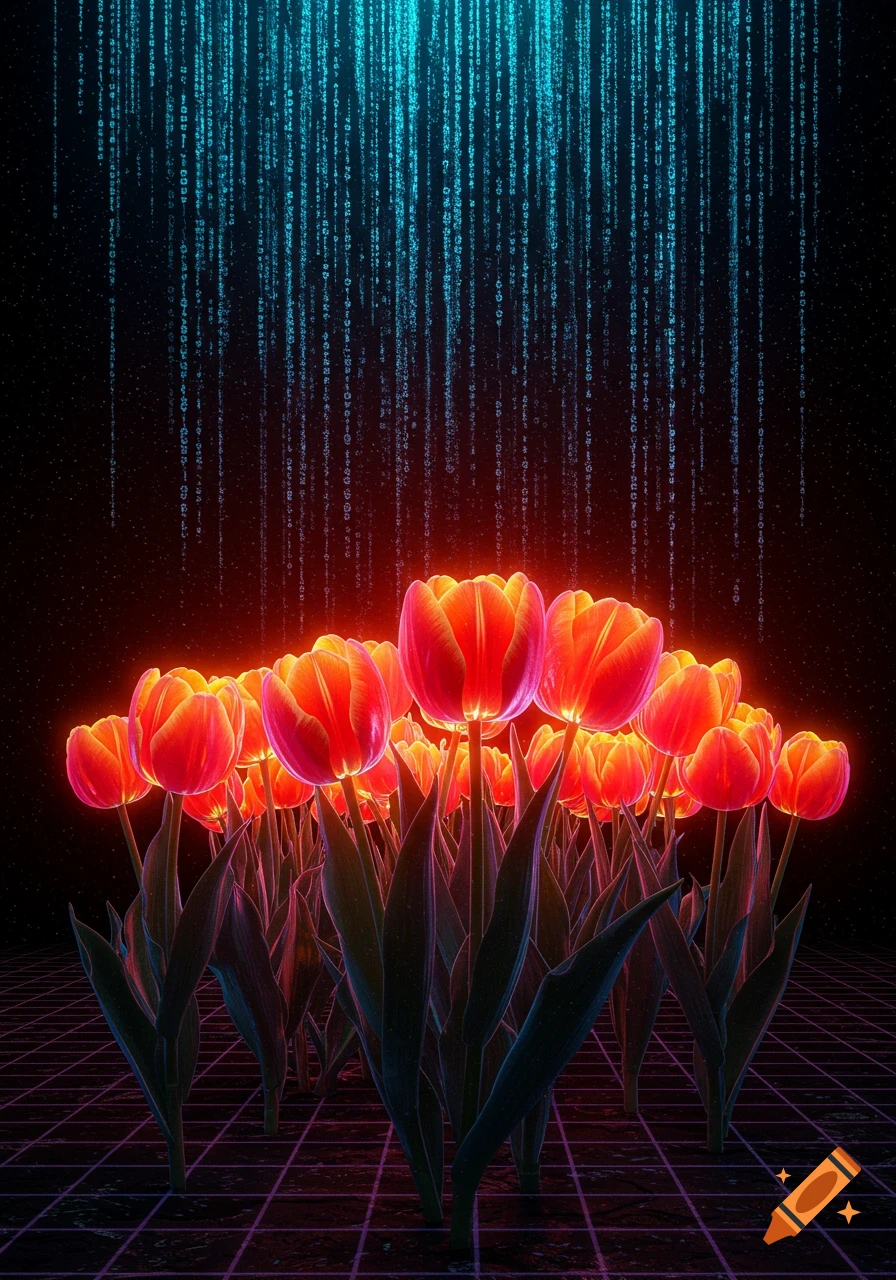 Glowing red-orange tulips stand on a neon grid floor under a stream of falling blue digital code.