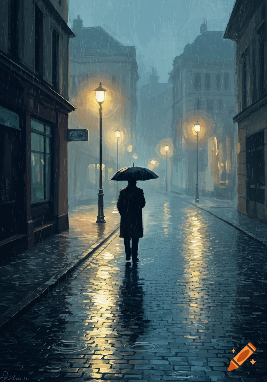 A person with an umbrella walks down a wet, cobblestone city street at night, illuminated by streetlights, in a painting style.