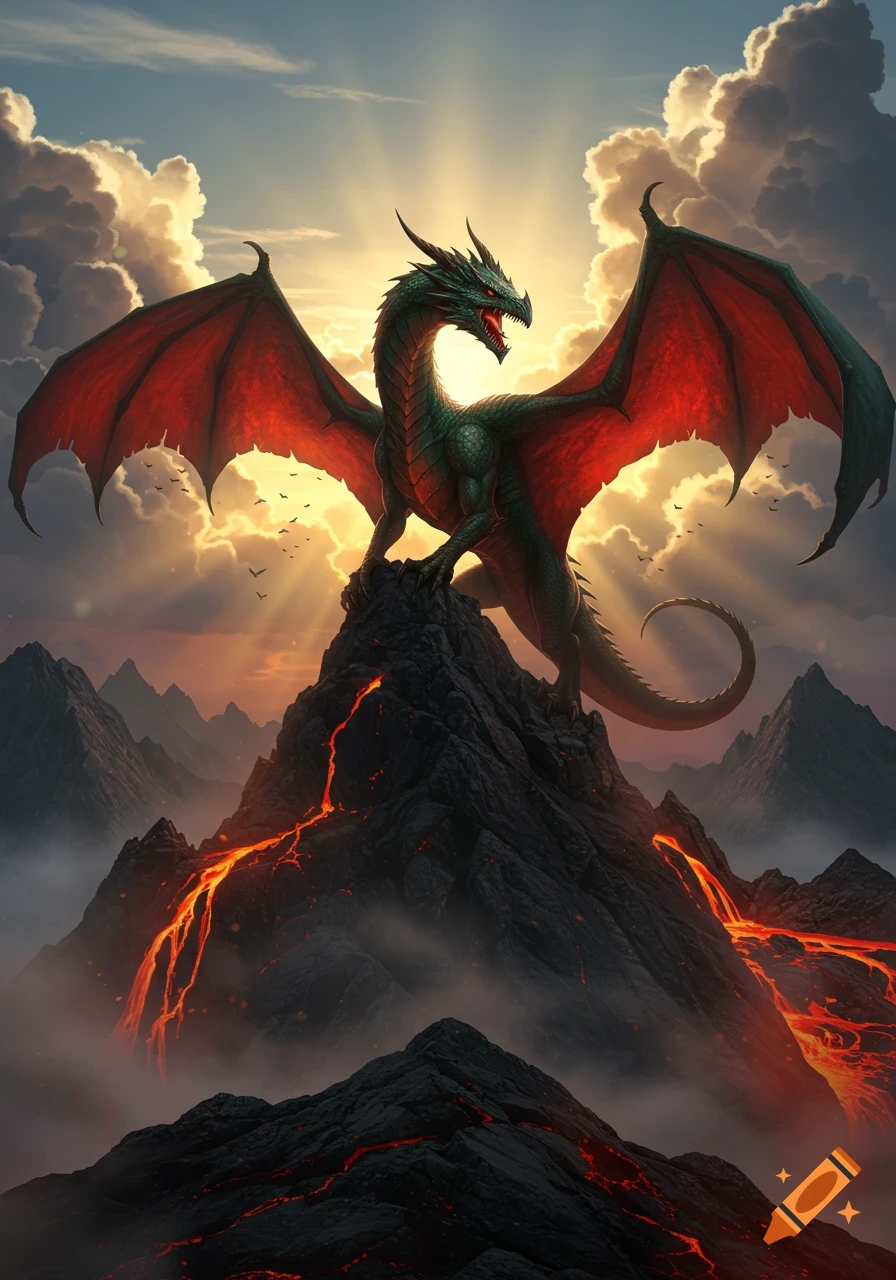A majestic green dragon with large red wings stands atop a volcanic mountain with flowing lava, under a dramatic sunset sky with rays of light.