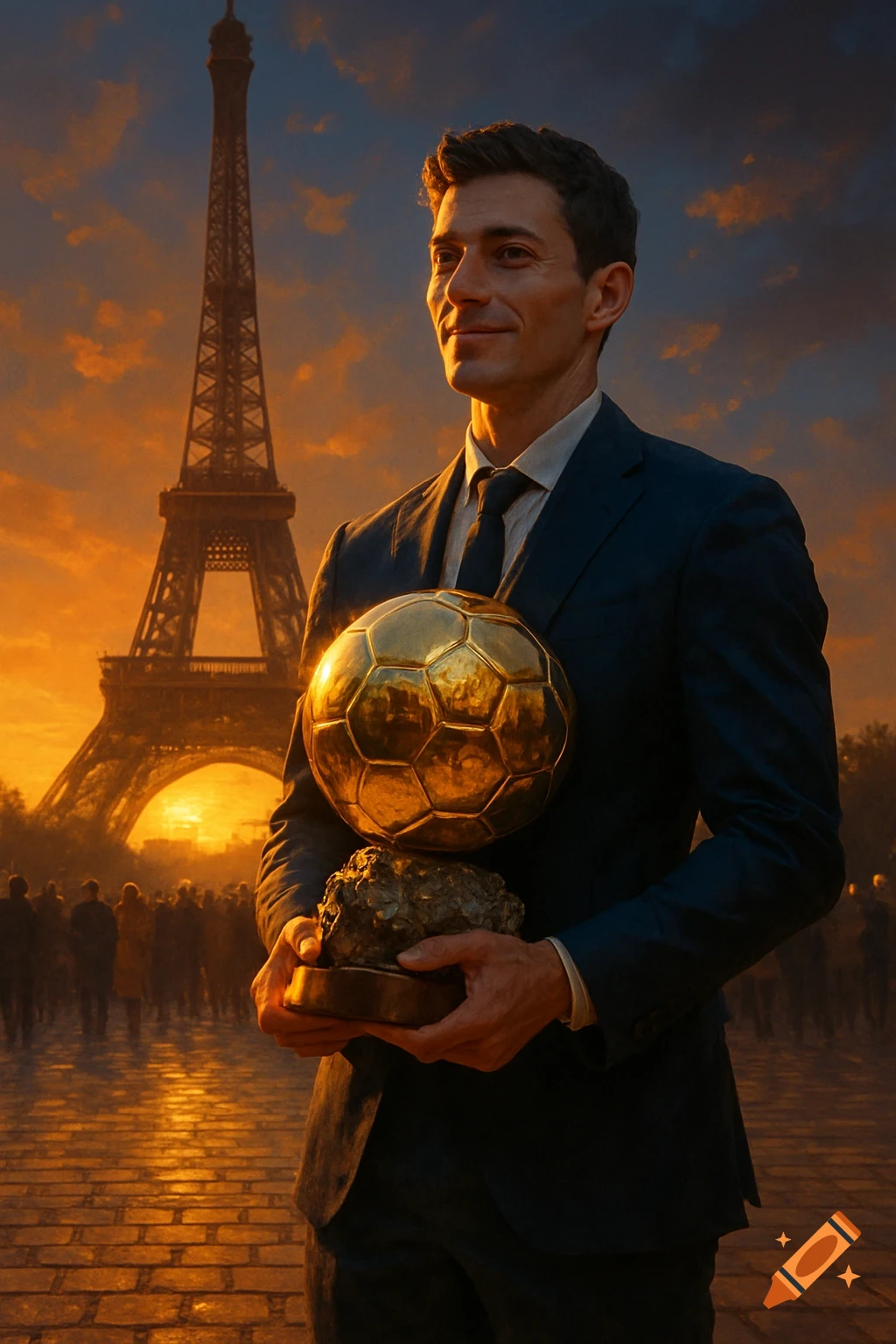 Photorealistic image of a man in a suit holding a golden soccer trophy with the Eiffel Tower in the background at sunset.
