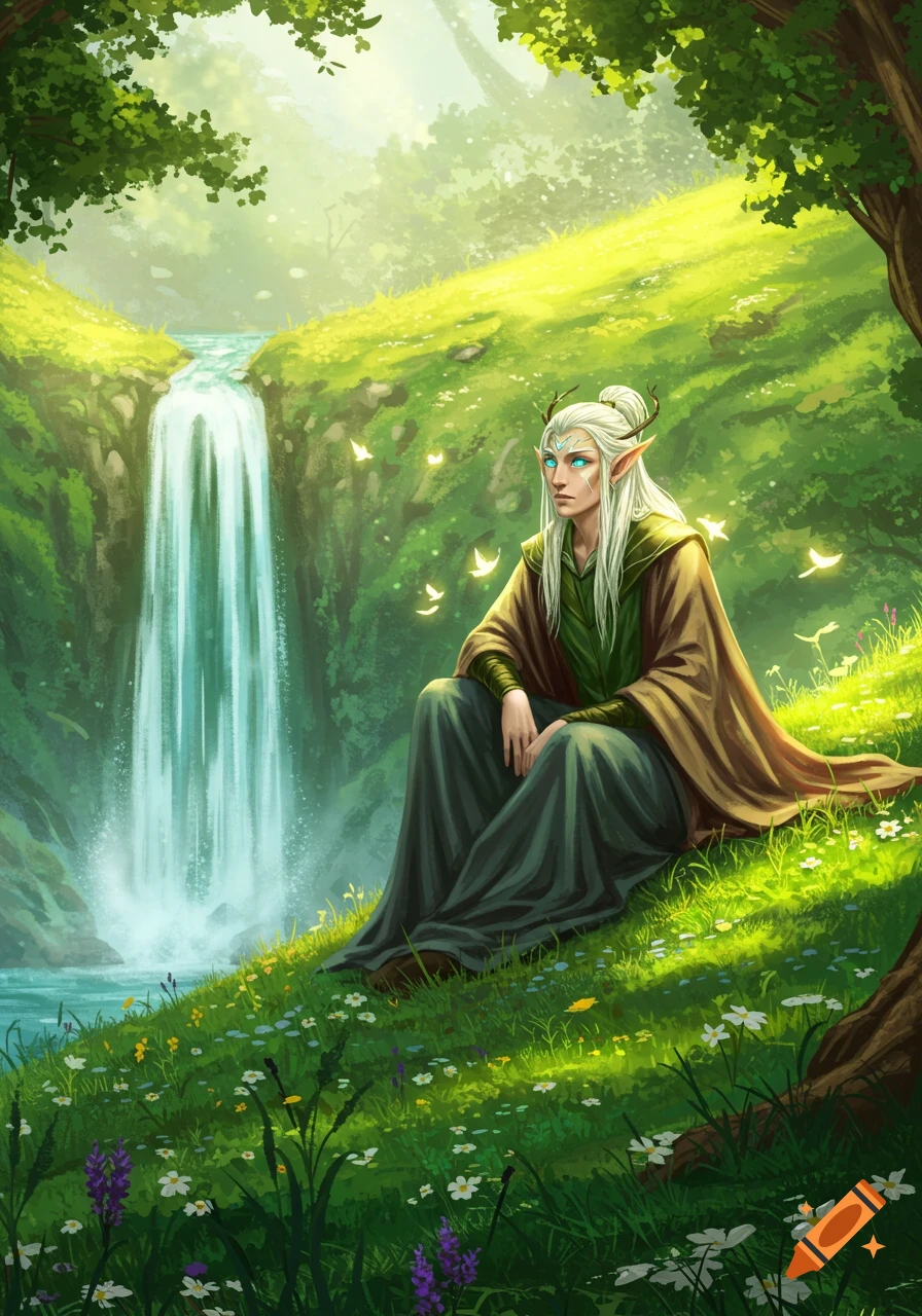 A white-haired elf with antlers and glowing blue eyes sits by a bright waterfall in a lush, sunlit green forest.