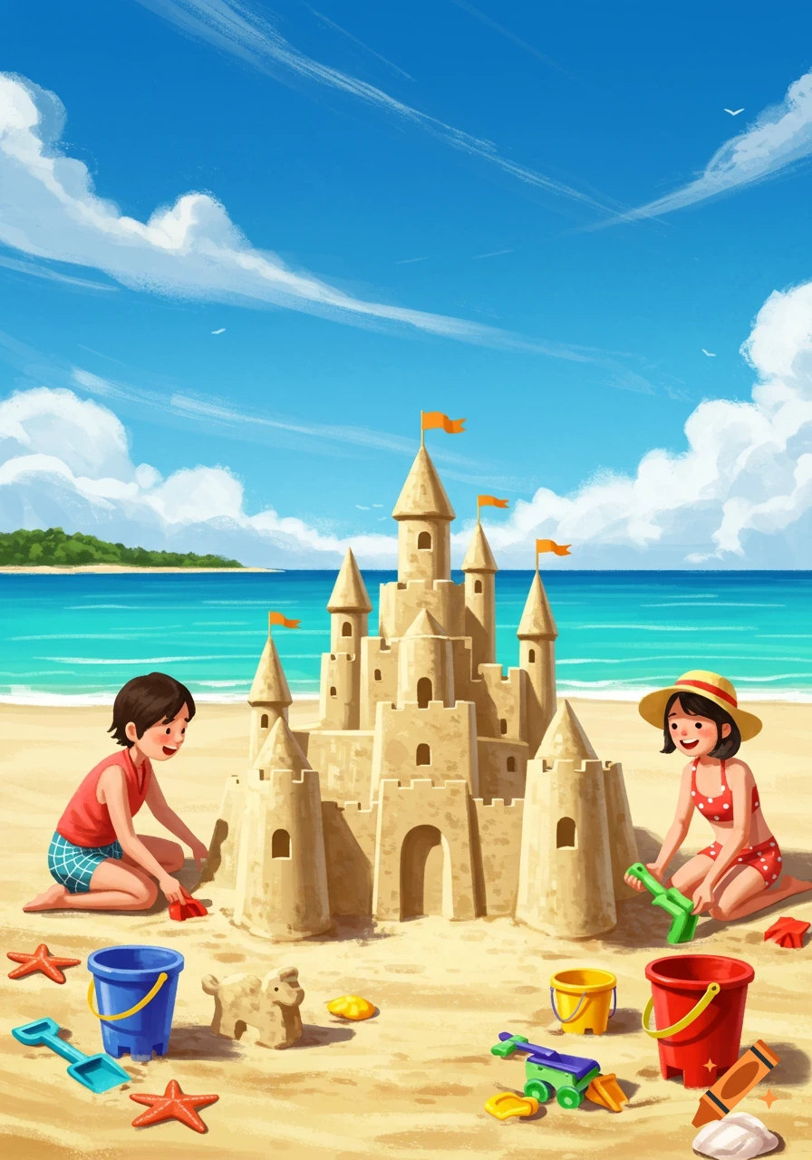 Two children building a large sandcastle on a sunny beach with colorful toys in a vibrant illustration.