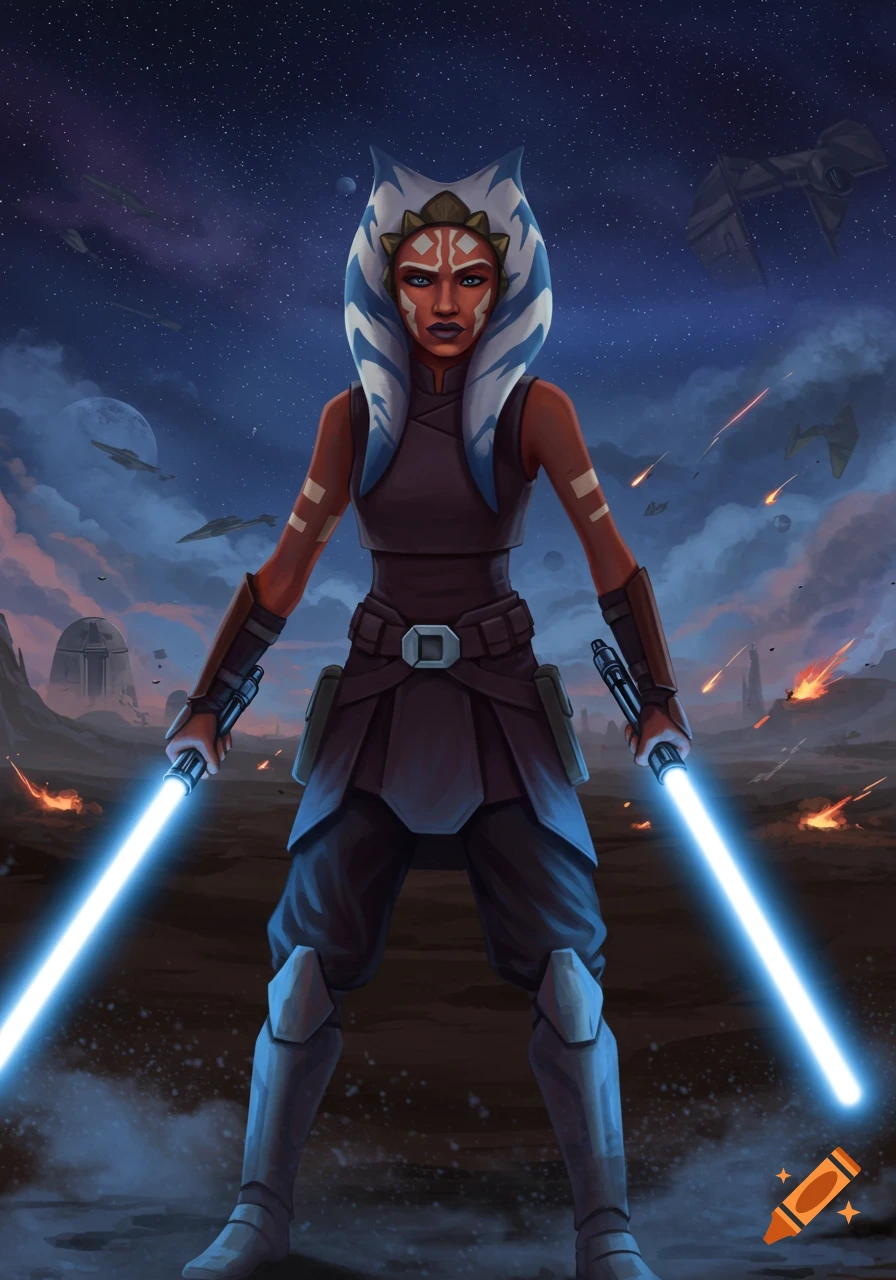 Ahsoka Tano with two blue lightsabers in a sci-fi battle scene with spaceships and explosions.