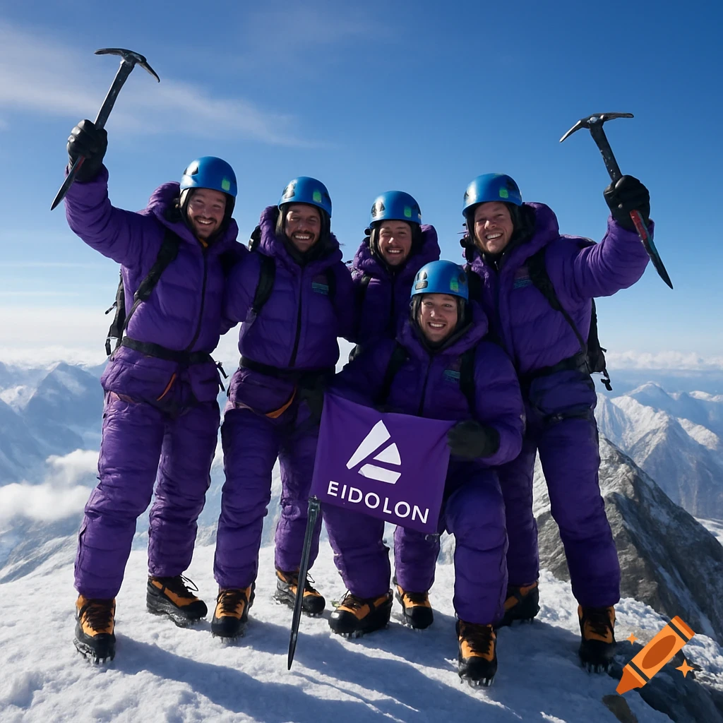 Five photorealistic mountain climbers in purple gear celebrating on a snowy summit with ice axes and an Eidolon flag.