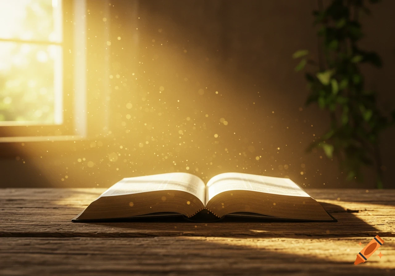 An open Bible rests on a wooden table, bathed in warm golden light and floating dust motes, with a window and plant in the background.