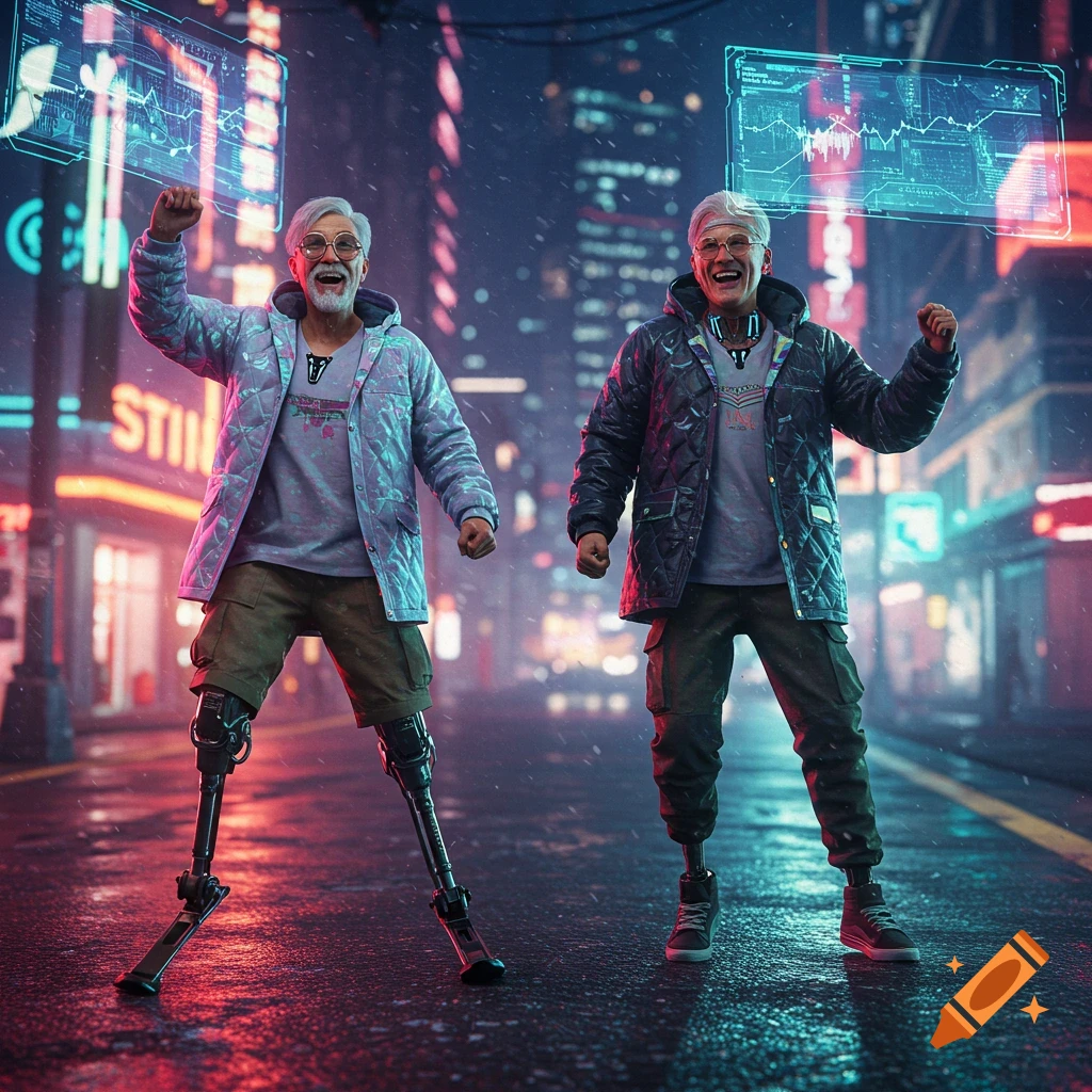 Two happy elderly men in futuristic outfits pose on a rainy cyberpunk street at night, one with leg prosthetics.