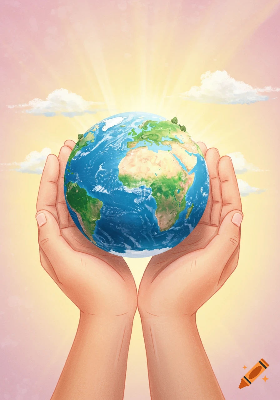 A cartoon illustration of two hands gently holding the Earth, with sun rays and clouds in a pink and yellow sky.