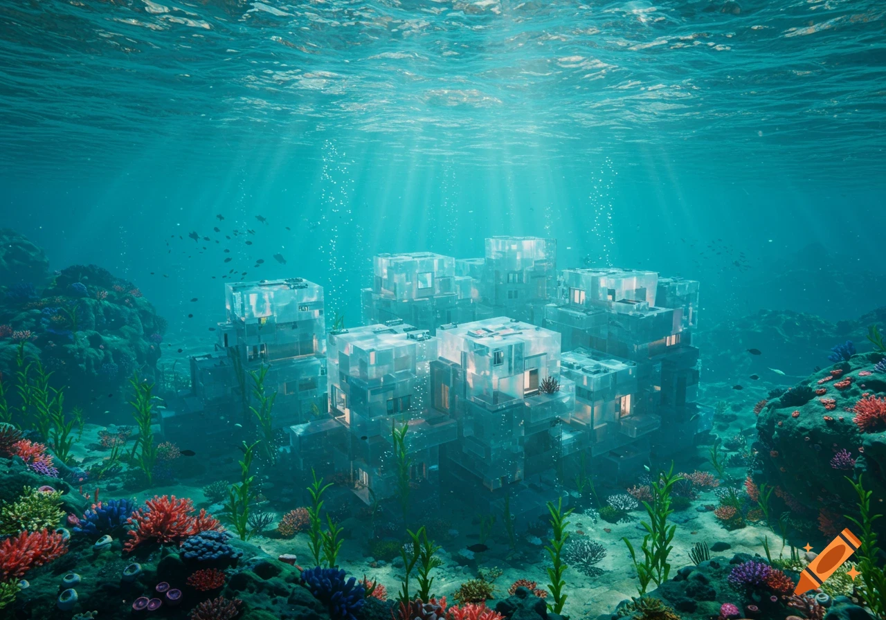 Photorealistic view of an underwater village made of glowing, translucent cubes amidst a vibrant coral reef with fish and sunlight.