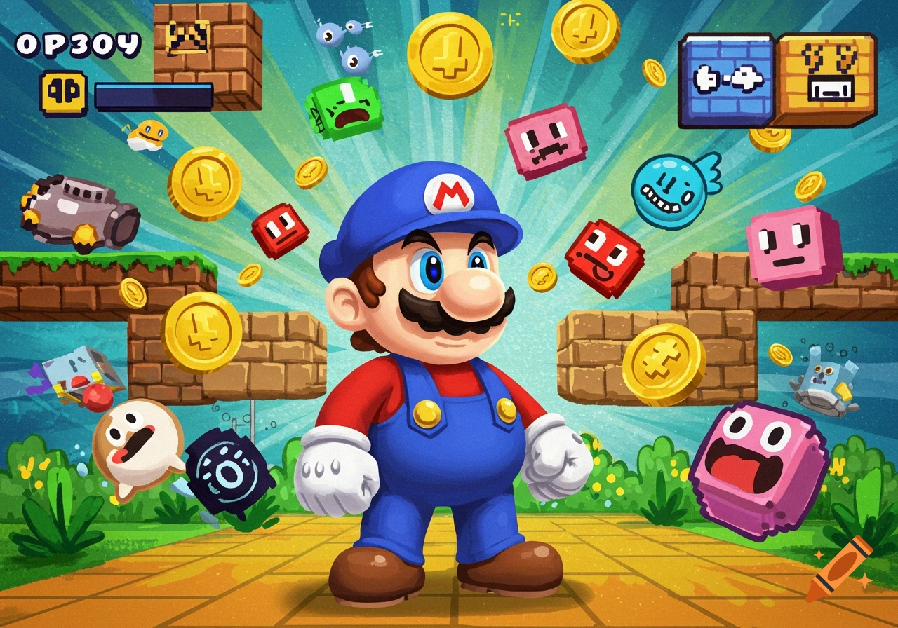 Cartoon Mario-like character in blue overalls with an 'M' hat, surrounded by pixelated game elements, coins, and enemies in a vibrant video game scene.