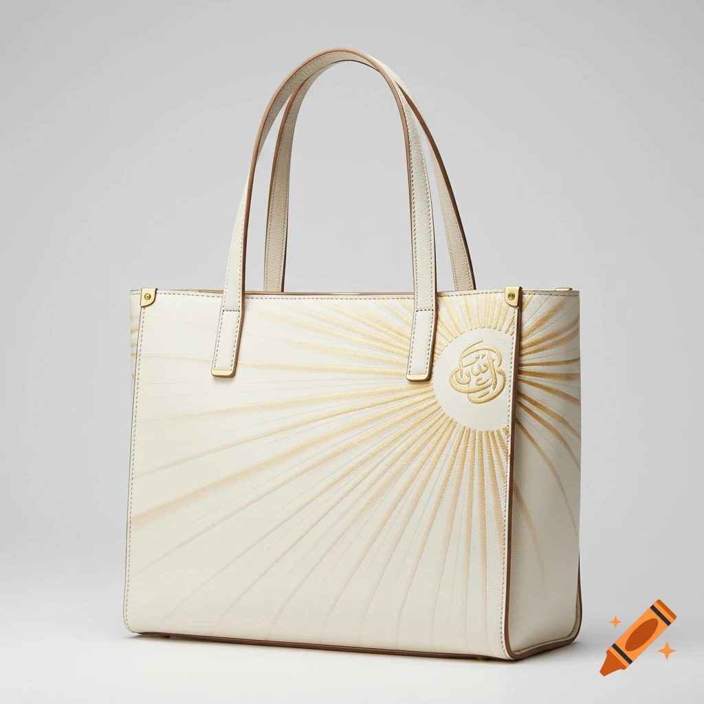 White luxury leather tote bag with gold radiant sunburst design and Arabic calligraphy.