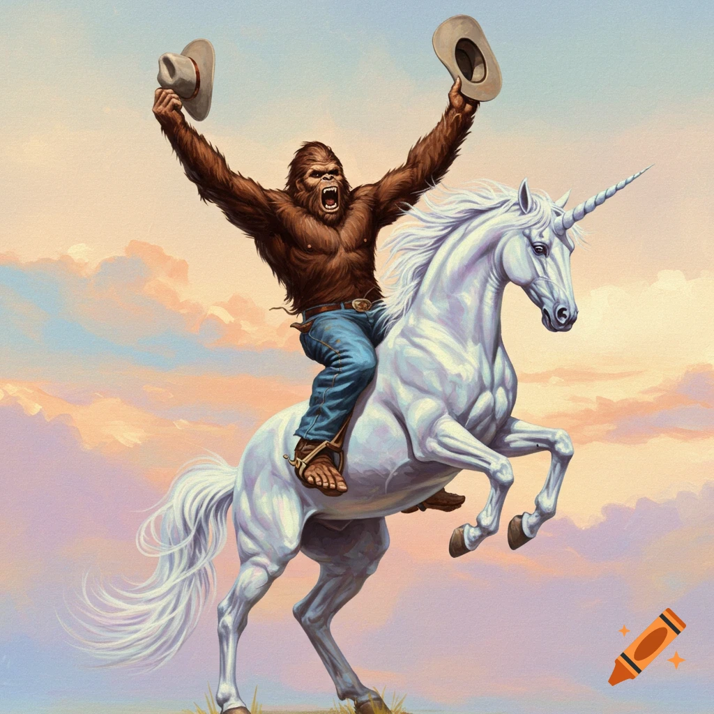 Bigfoot rides a rearing white unicorn, holding cowboy hats in both raised hands, against a pastel sky in a vintage paint style.