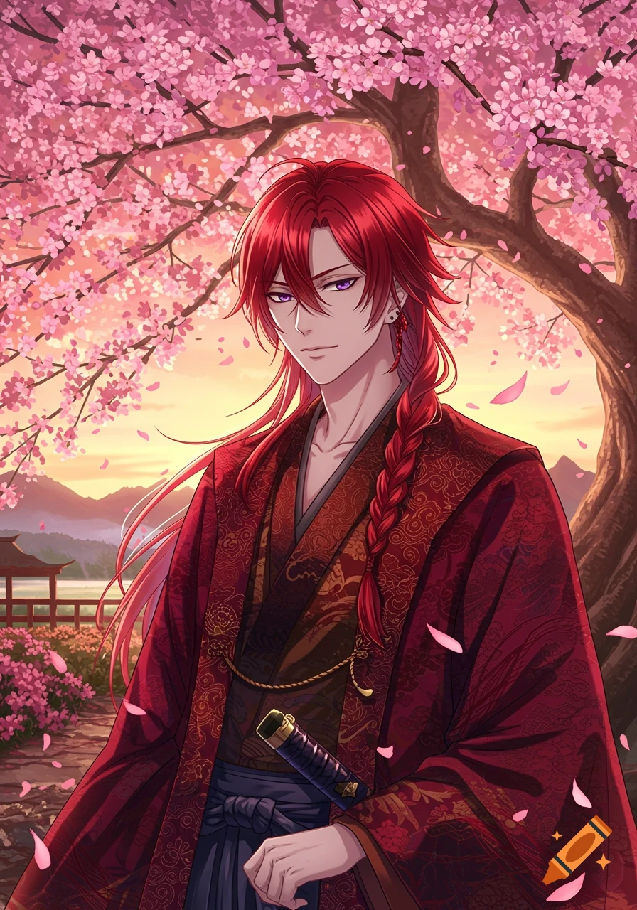 Anime man with red hair, purple eyes, and a burgundy kimono stands under a cherry tree at sunset, holding a katana.