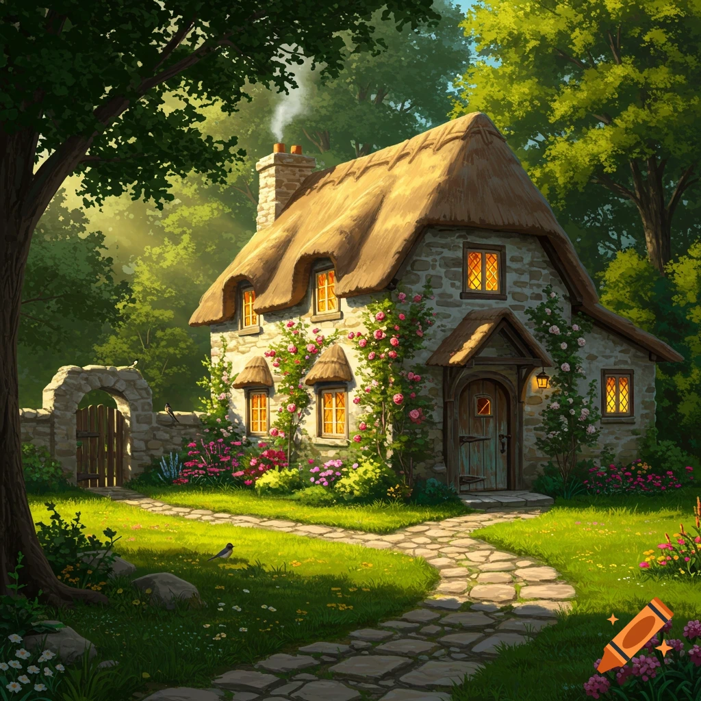 Charming stone cottage with thatched roof and roses in a lush green forest, cobblestone path leads to the door.