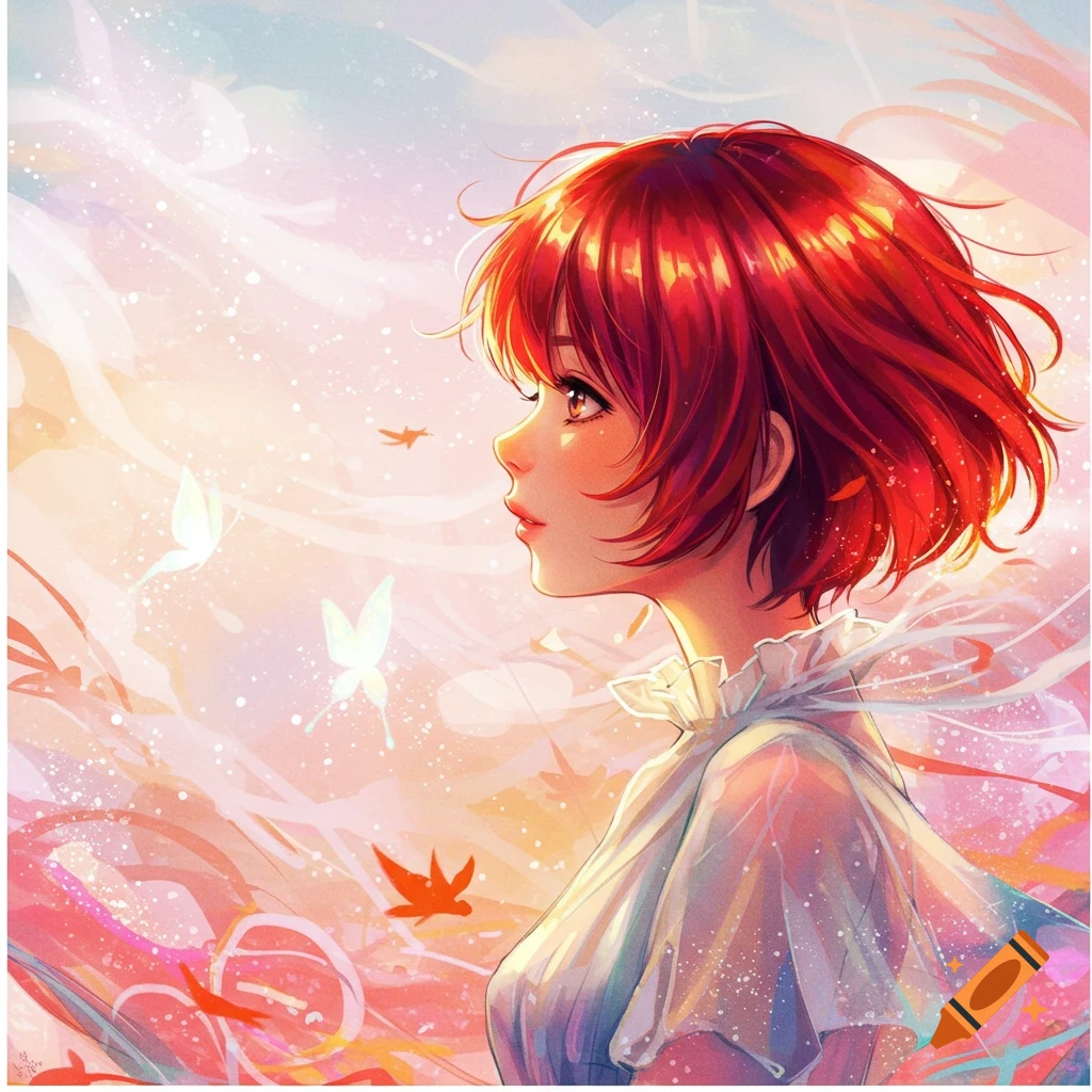 Anime girl with short red hair looking up, surrounded by glowing butterflies and light in a dreamy, colorful landscape.