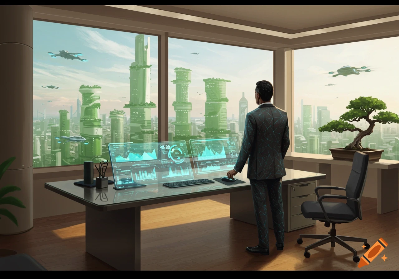 A man in a suit views a futuristic green city with flying vehicles from his office, holographic data screens on his desk.