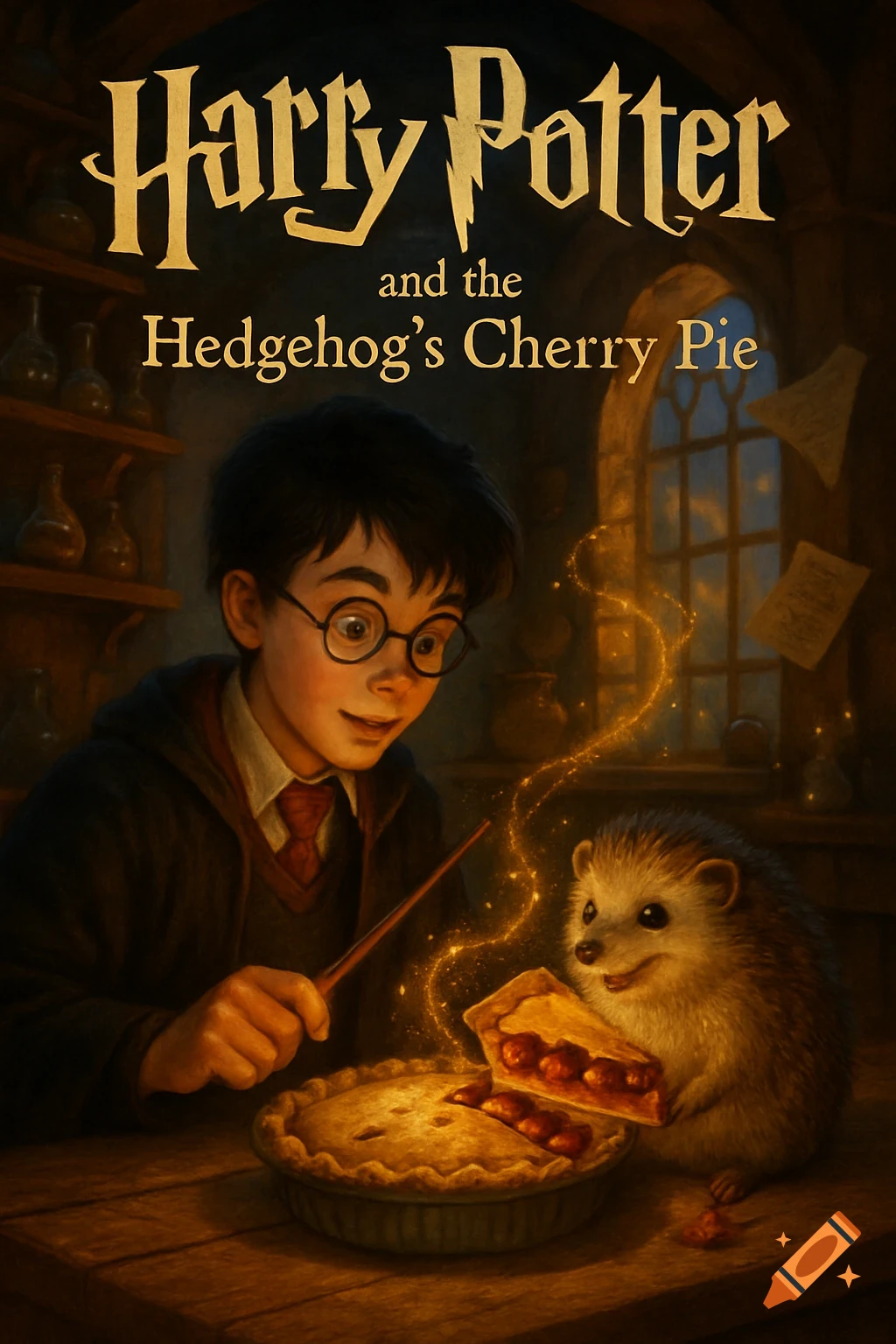 Illustration of a book cover: Harry Potter conjures pie for a hedgehog in a dim, magical room.