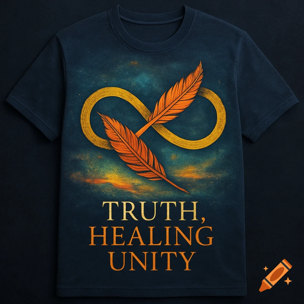 A dark blue t-shirt with an orange infinity symbol crossed by two orange and brown feathers. Below, text reads 'TRUTH, HEALING UNITY'.