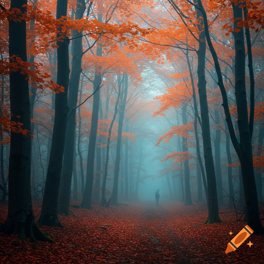 Misty autumn forest path with tall trees, vibrant orange leaves, and a lone figure in the distance.