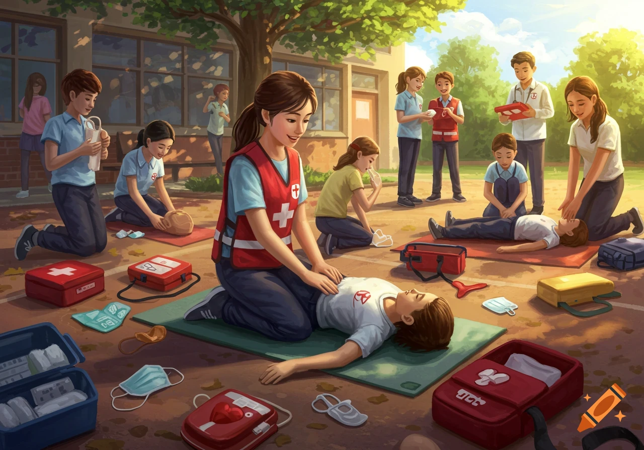 A group of students practices first aid outdoors. Some perform CPR on mannequins, others assist with medical kits in a bright, illustrative style.