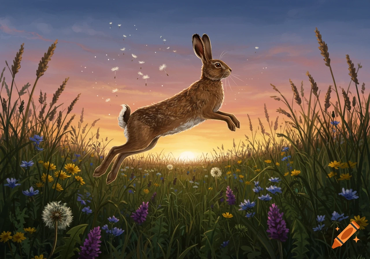 An illustrative painting of a brown hare leaping over a field of colorful wildflowers and tall grass at sunset.