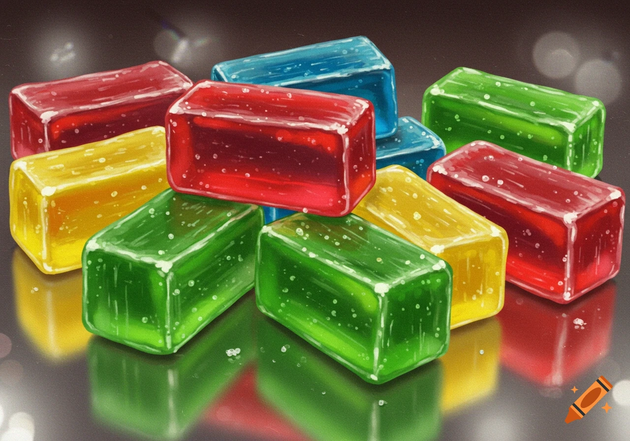 A pile of colorful, translucent rectangular candies in red, yellow, blue, and green, reflecting on a dark surface.