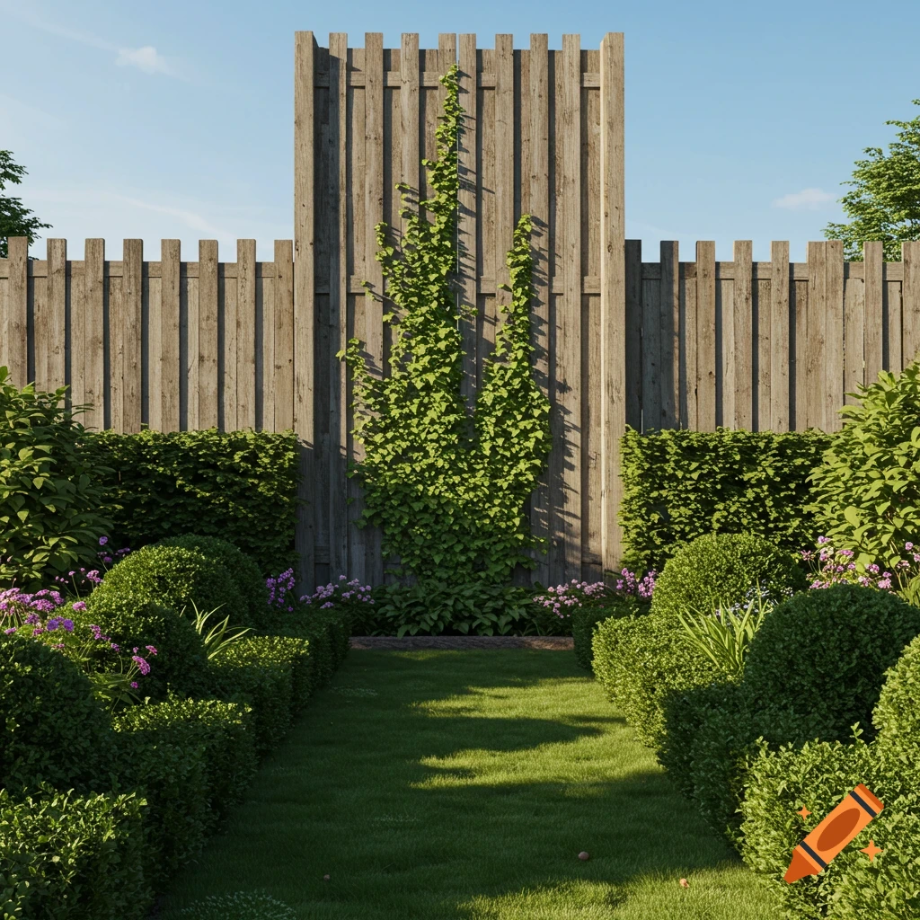 A photorealistic garden path lined with manicured hedges and purple flowers, leading to a tall wooden fence covered in ivy under a blue sky.
