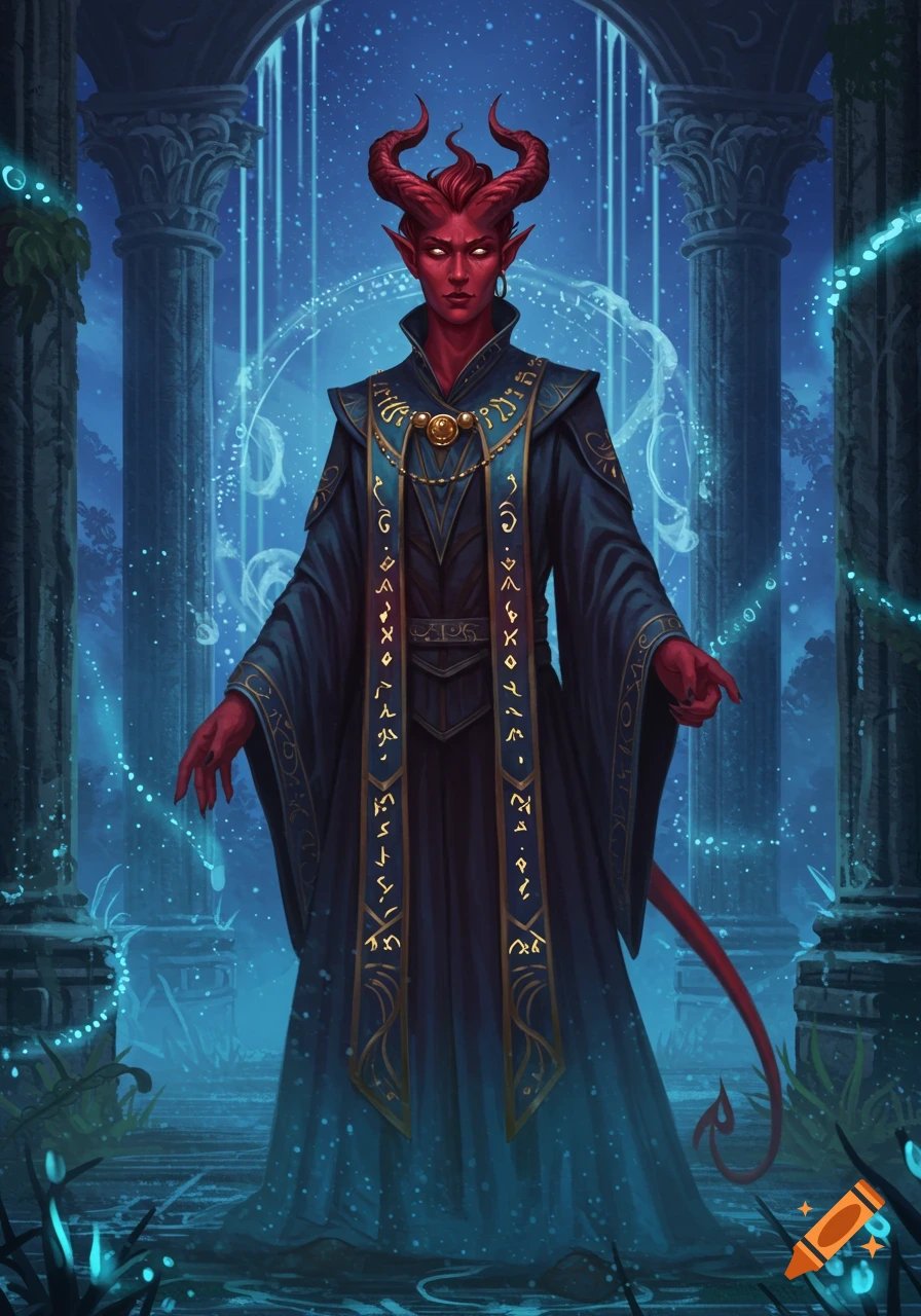 Red-skinned tiefling in a dark blue and gold magical robe stands in a glowing, moonlit ruin.