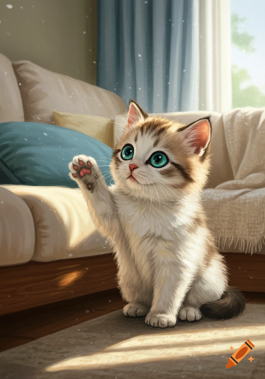 A fluffy brown and white kitten with bright green eyes raises a paw while sitting on a rug next to a couch in a sunlit room.