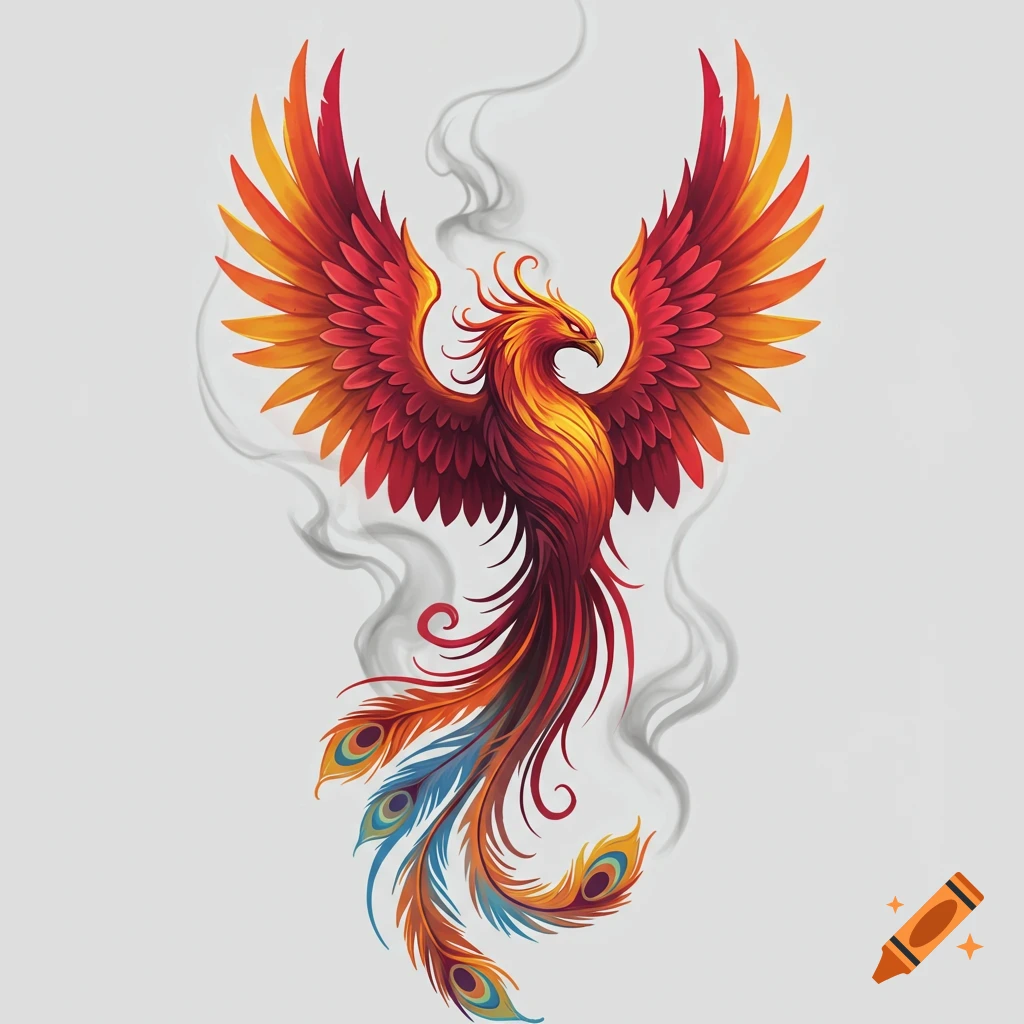 Vibrant red, orange, and yellow phoenix with spread wings, blue and purple tail feathers, rising from smoke, stylized art.
