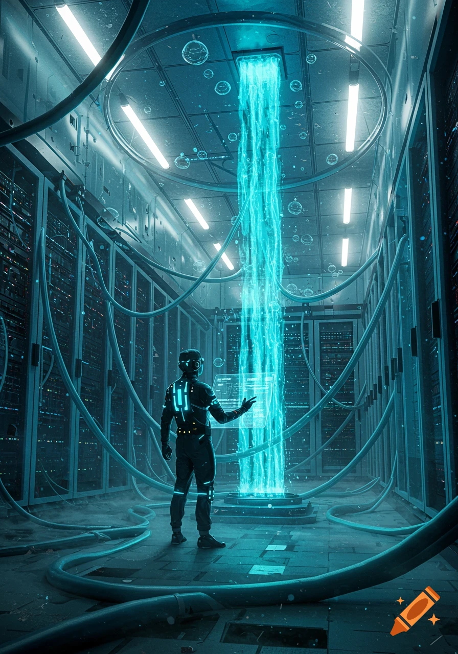 A person in a futuristic suit interacts with a holographic screen in a neon blue server room, gazing at a glowing energy stream.