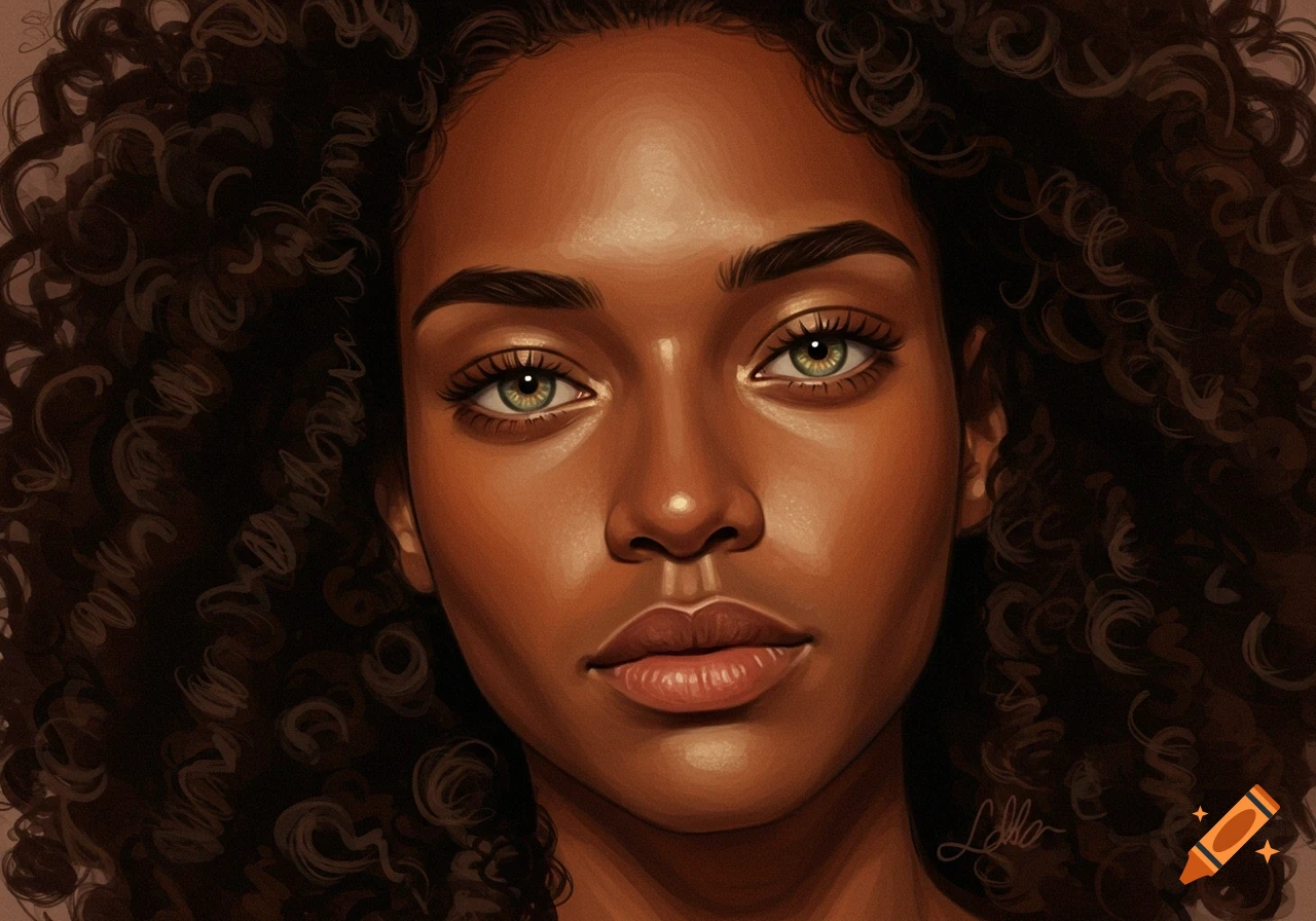 A detailed digital art portrait of a woman with dark curly hair and striking green eyes, looking directly at the viewer.