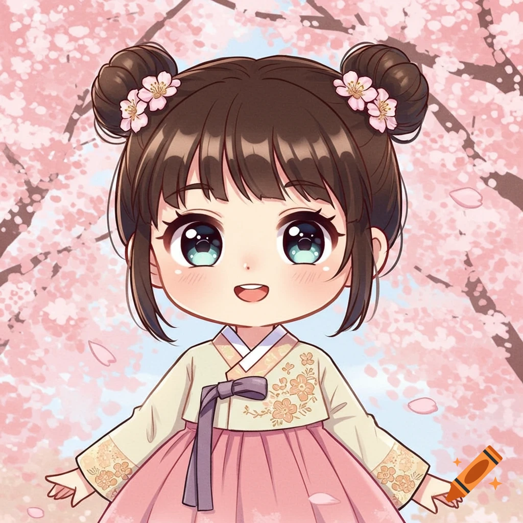 Chibi anime girl with brown hair in buns, wearing a pink and cream hanbok, stands against a background of soft pink cherry blossoms.